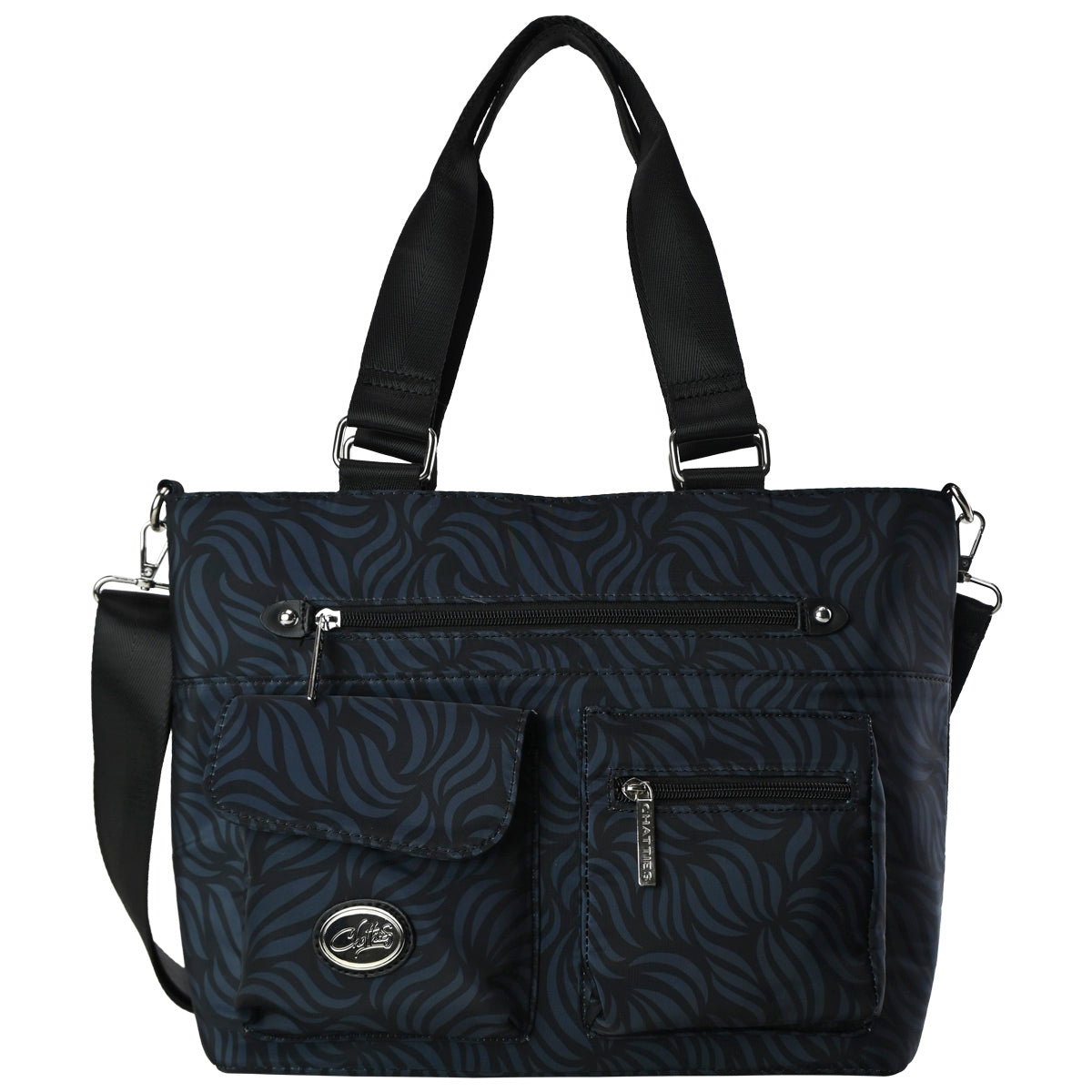 Bolso Tote Grande Chatties Floreada Con Compartimentos Color Negro