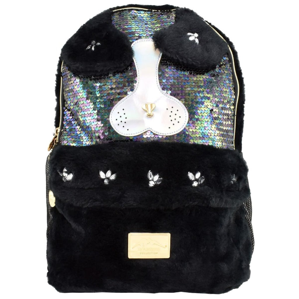 Mochila [D' Andre] con peluche y lentejuela diseño de perrito color negro