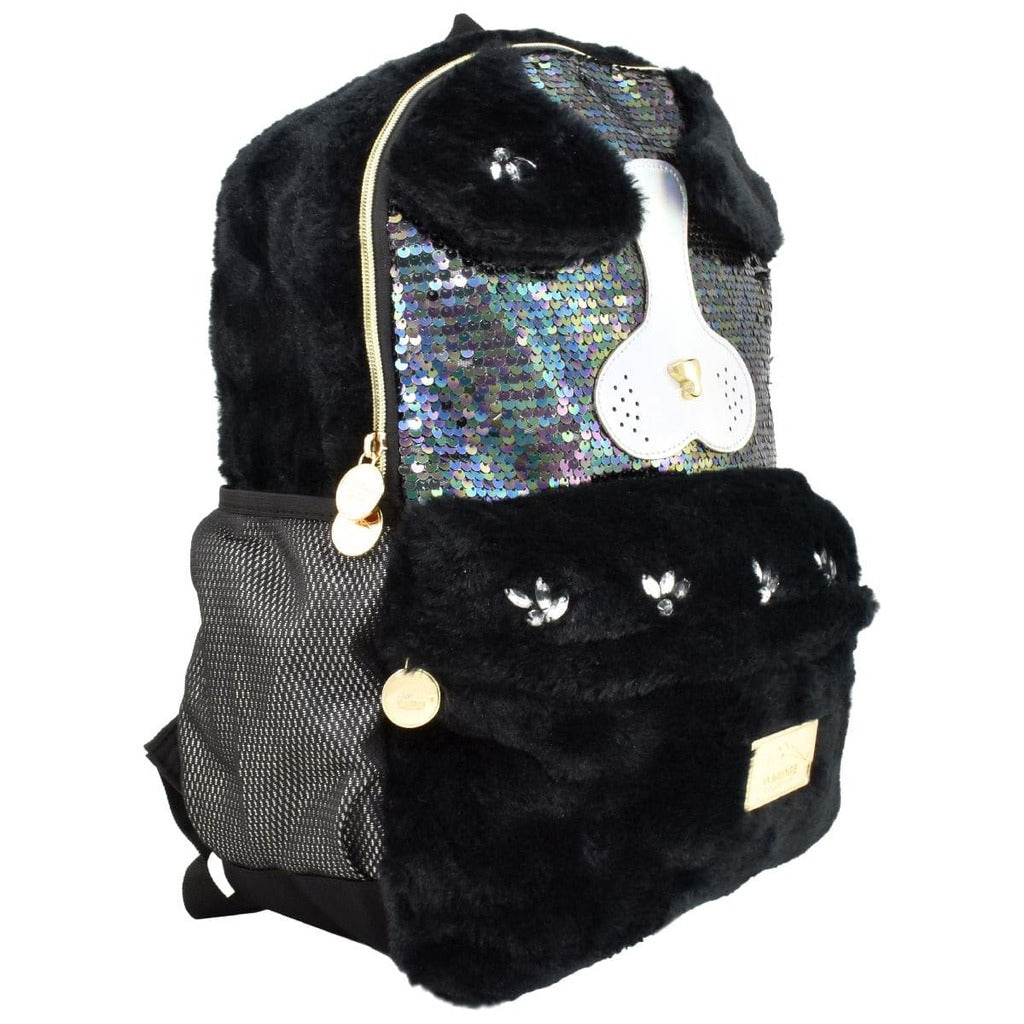 Mochila [D' Andre] con peluche y lentejuela diseño de perrito color negro