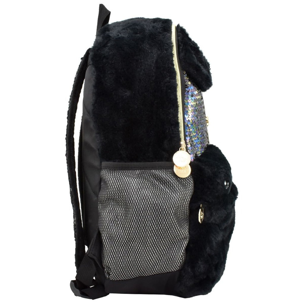 Mochila [D' Andre] con peluche y lentejuela diseño de perrito color negro